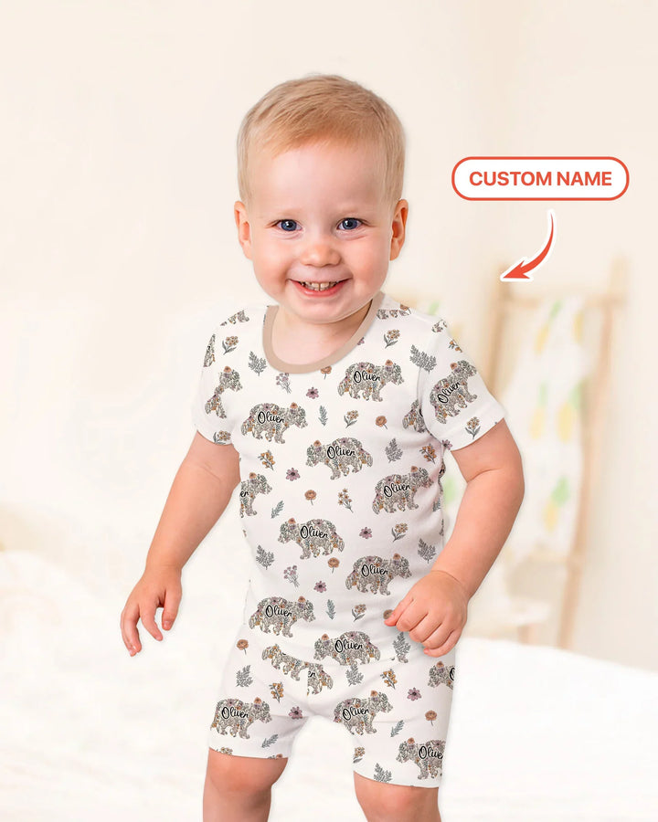 Custom Name Floral Bear Family Matching Bamboo Two Piece Short Sleeve Shorts Pajama Set