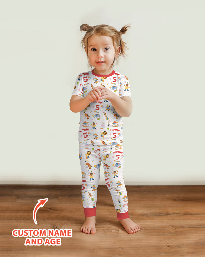Custom Name Birthday Circus Bamboo Two Piece Short Sleeve Pajama Set