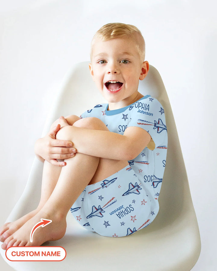 Patriotic American Flag Jet Fighter Bamboo Two Piece Short Sleeve Shorts Pajama Set