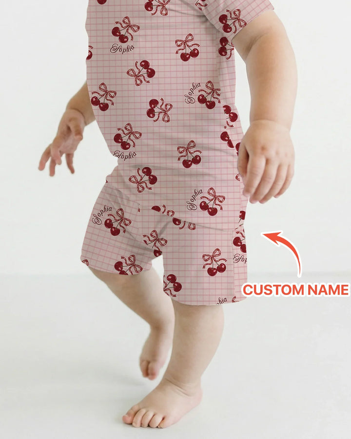 Conjunto de pijama de dos piezas de bambú de manga corta y pantalón corto para mamá y bebé Cereza