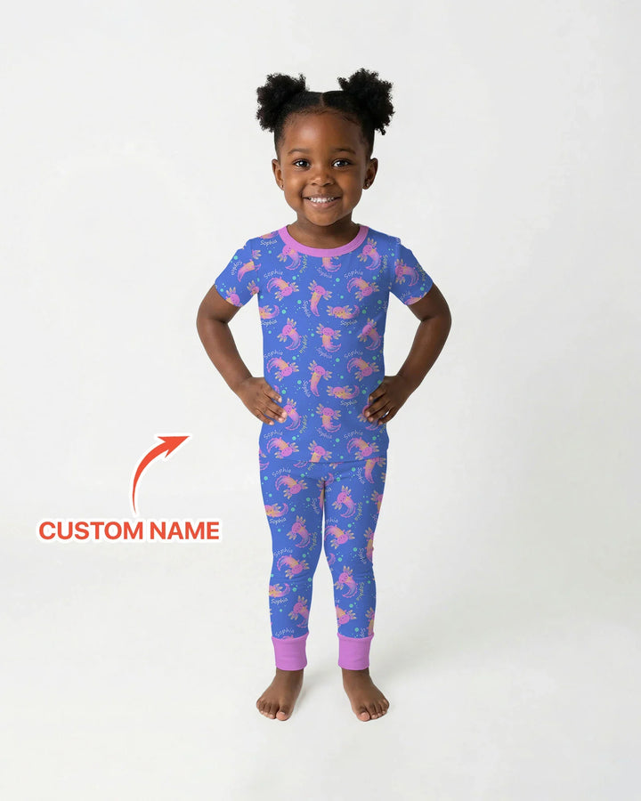 Axolotl Glow Custom Name Bamboo Two Piece Short Sleeve Pajama Set