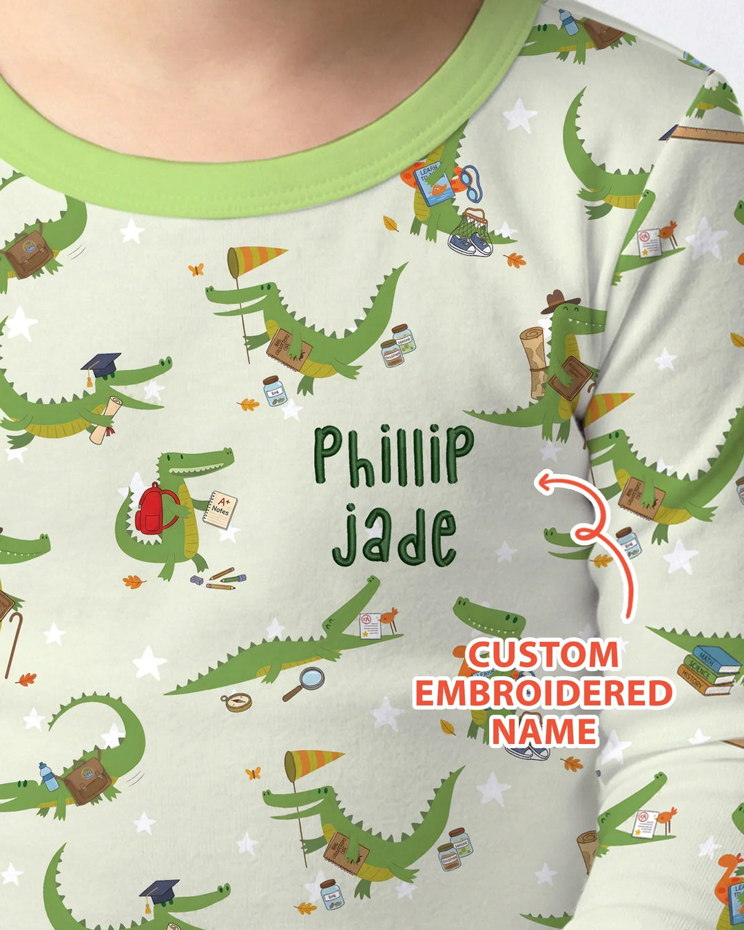 Pijama de dos piezas de bambú con caimán bordado y nombre personalizado de manga larga