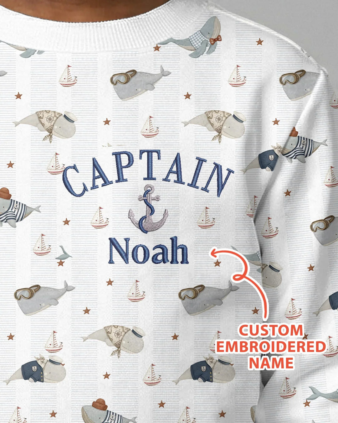 Custom Embroidered Name Little Captain of the Whale Crew Bamboo Crewneck Sweatshirt