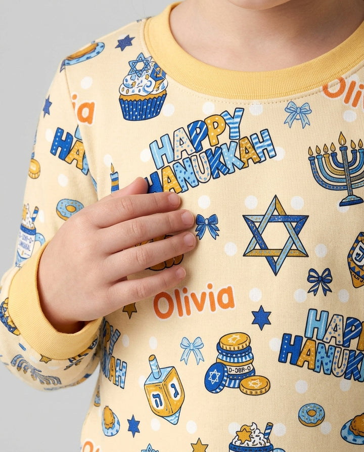 Custom Name Jewish Holiday Bamboo Two Piece Long Sleeve Pajama Set