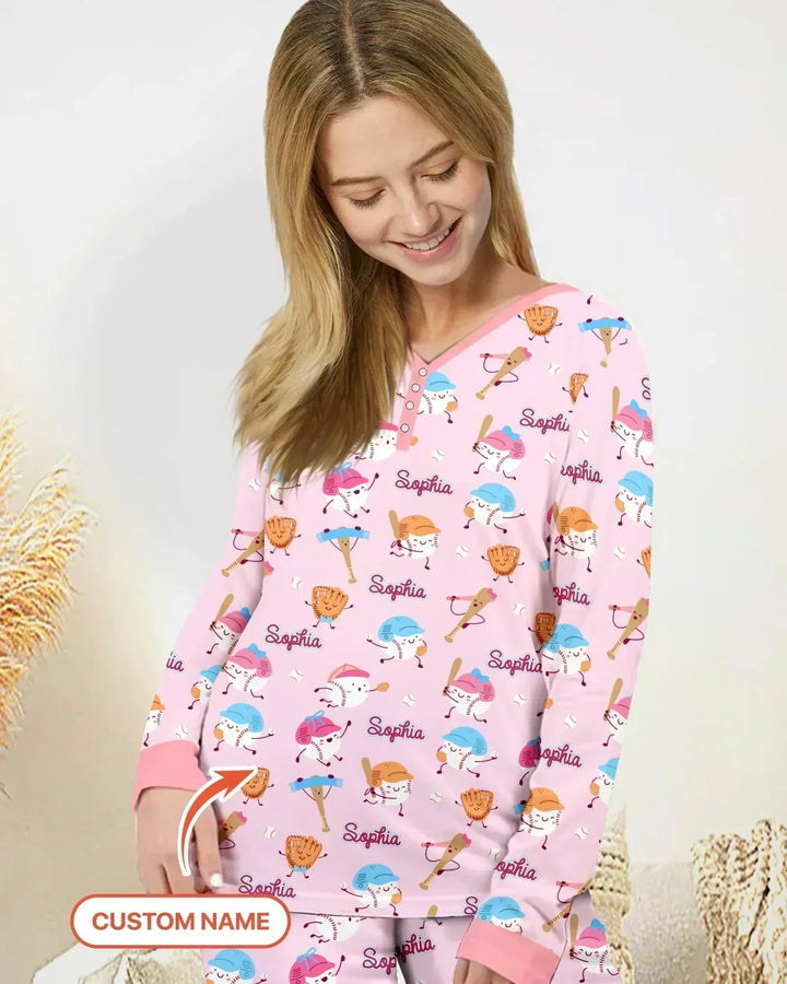 Custom Name Ballparl Family Matching Bamboo Women Pajama Set