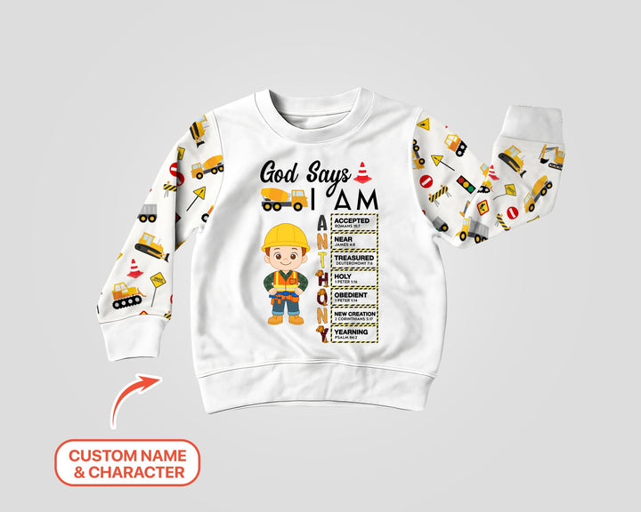 Custom Name God Says I Am Little Builder Letter in Bible Crewneck Sweatshirt