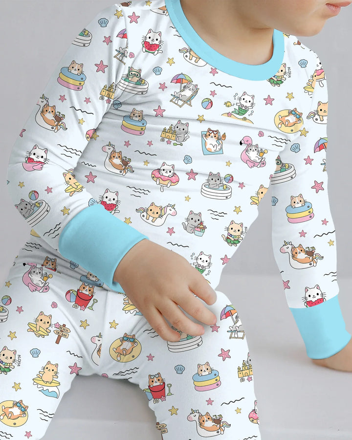 Kawaii Cats Summer Vacation Bamboo Two Piece Long Sleeve Pajama Set