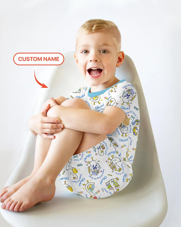 Custom Name Goose Happy 100 Days Of School Two Piece Short Sleeve Shorts Pajama Set