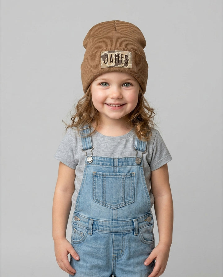 Custom Name Camo Leather Patch Beanie