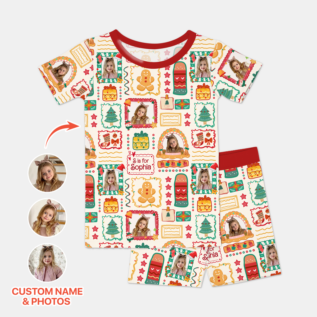Custom Photo Christmas Frame Custom Name Short Sleeve Pajama Set