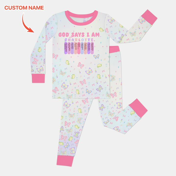 Personalized Butterfly Blessings God Says I Am Two Piece Long Sleeve Pajama Set