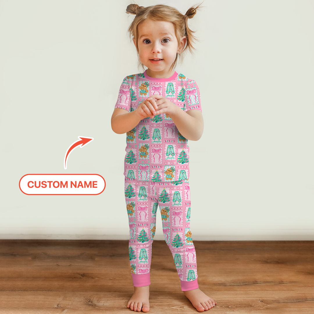 Custom Name "Merry Pink Christmas" Two Piece Long Sleeve Pajama Set