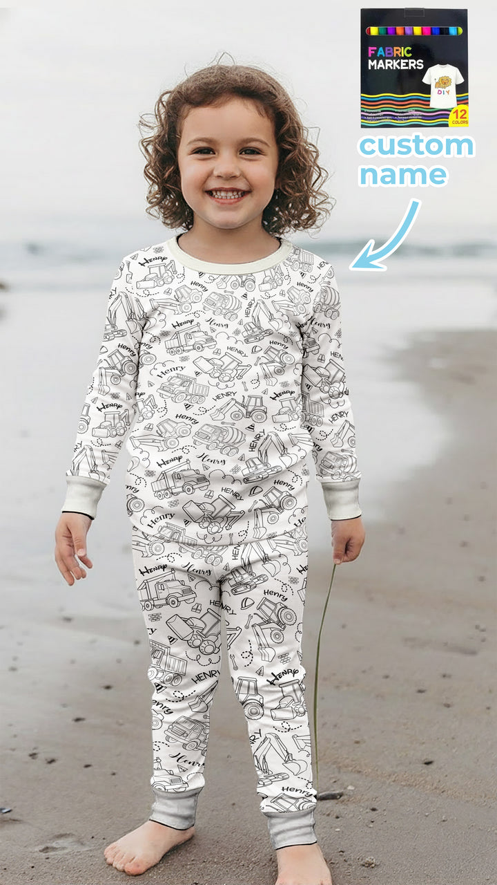 Construction Vehicules Custom Name Colorable Two Piece Short Sleeve Pajama Set