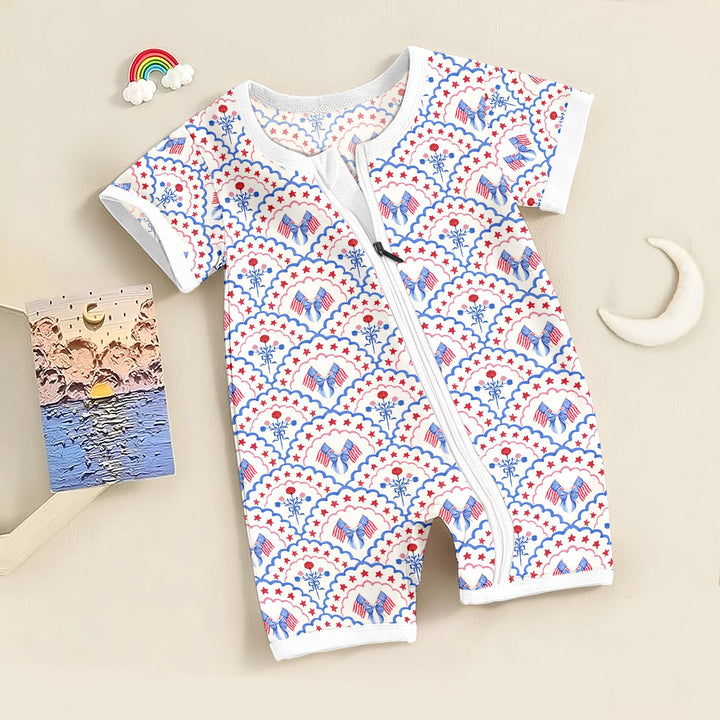 Red White and Blue Scalloped Shorty Zippered Romper