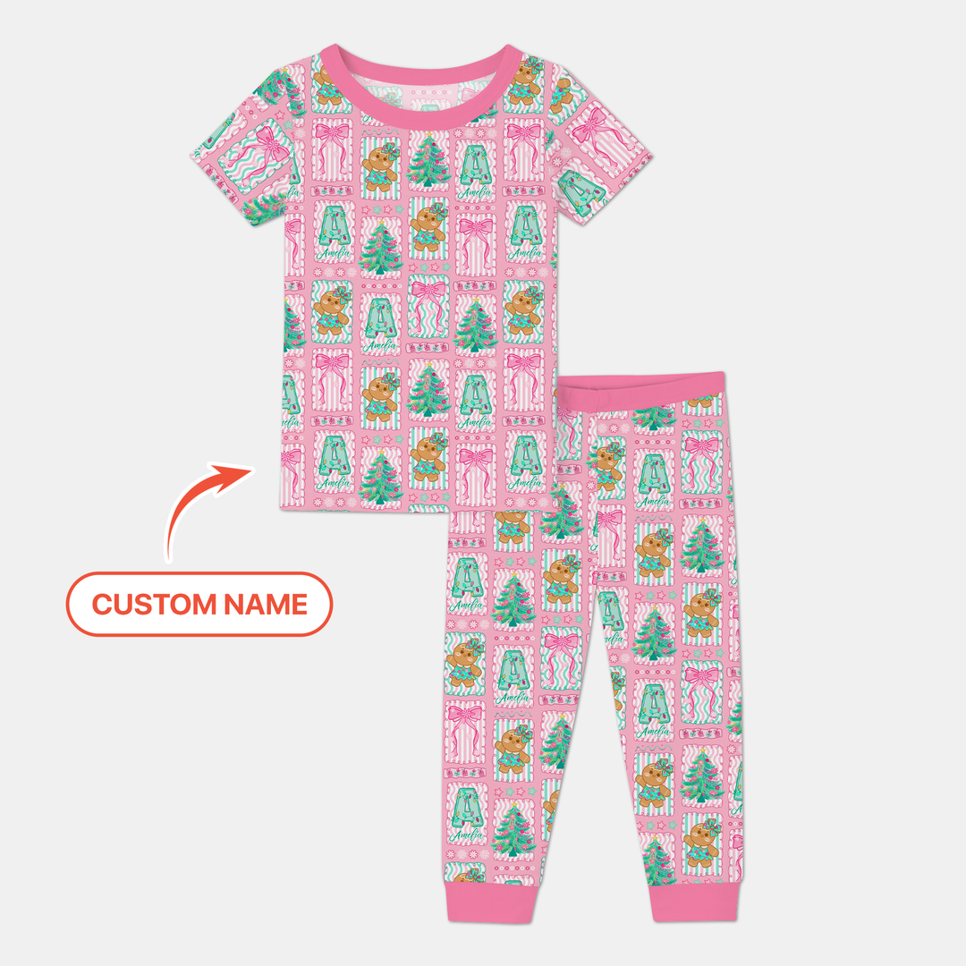 Custom Name "Merry Pink Christmas" Two Piece Short Sleeve Pajama Set