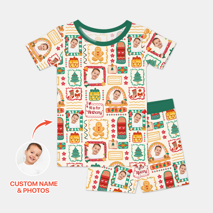 Custom Photo Christmas Frame Custom Name Short Sleeve Pajama Set