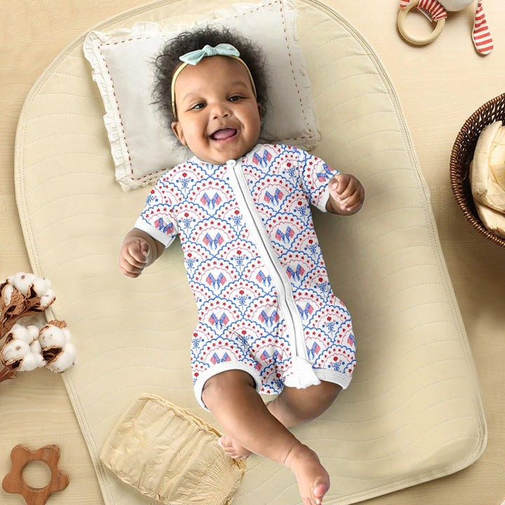 Red White and Blue Scalloped Shorty Zippered Romper