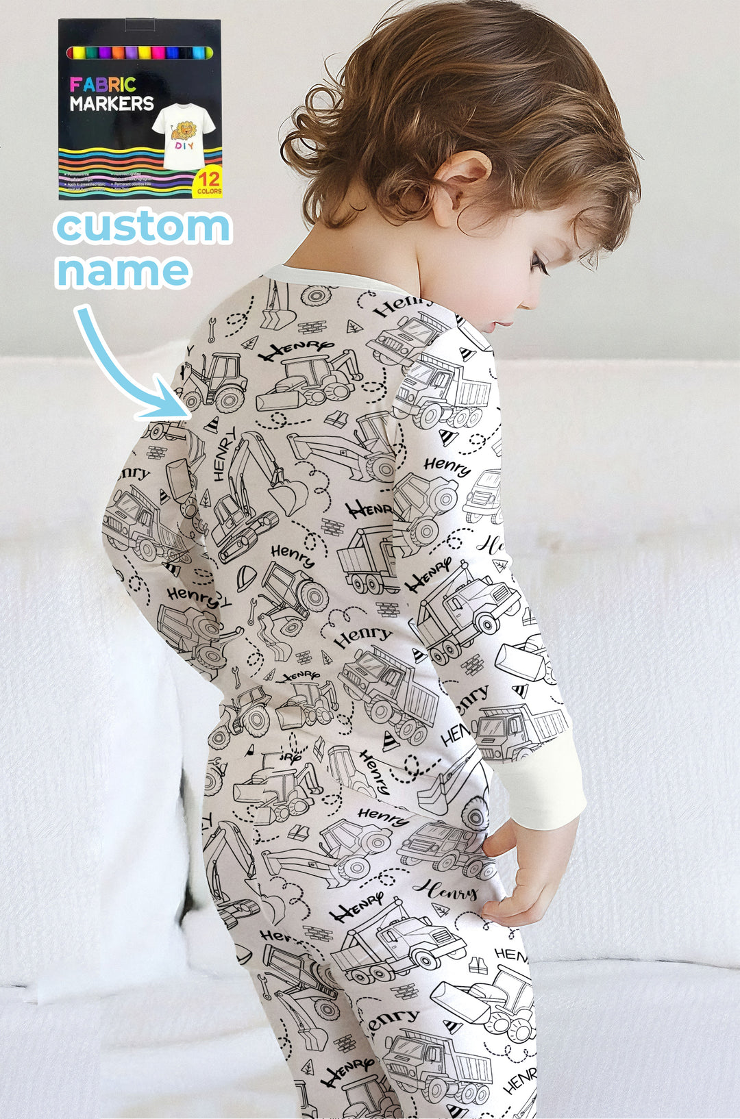 Construction Vehicules Custom Name Colorable Two Piece Short Sleeve Pajama Set