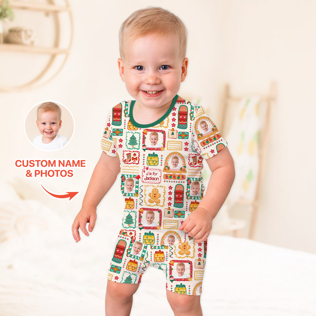 Custom Photo Christmas Frame Custom Name Short Sleeve Pajama Set