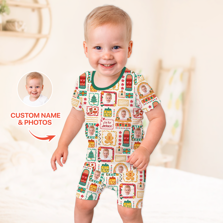 Custom Photo Christmas Frame Custom Name Short Sleeve Pajama Set