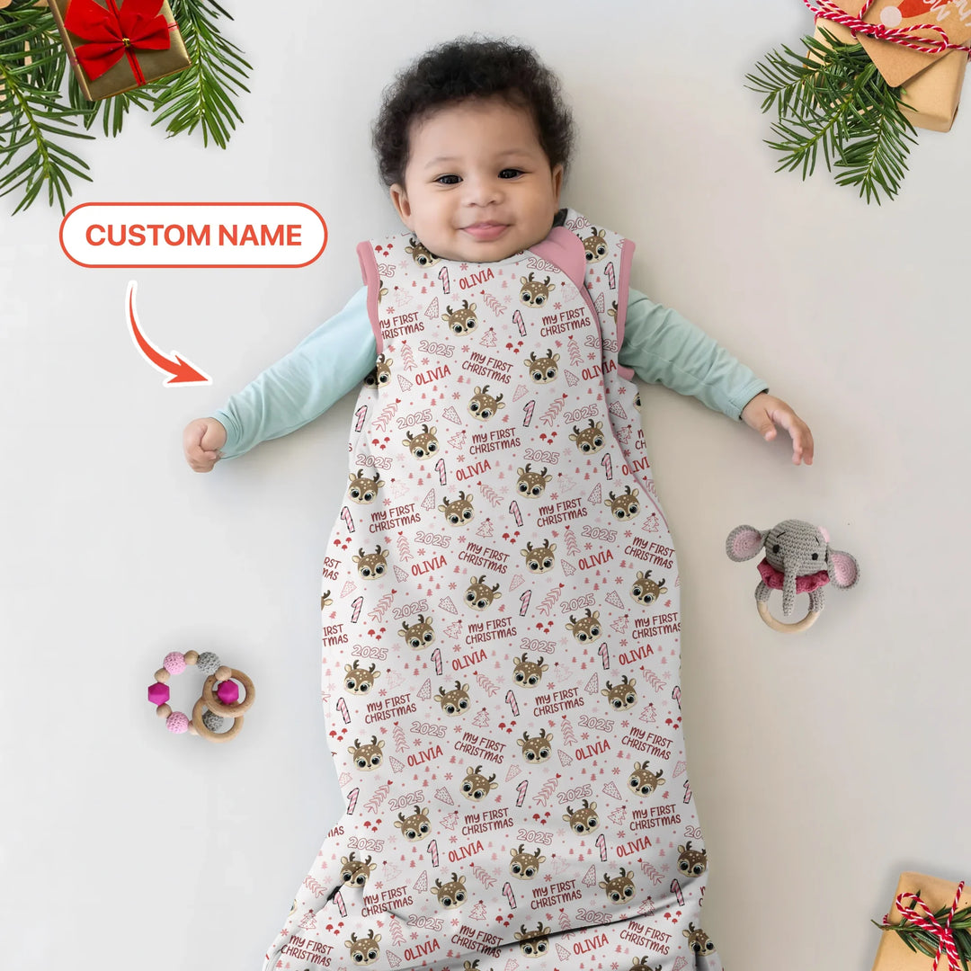 Custom Name Cute Reindeer My First Christmas Sleep Bag