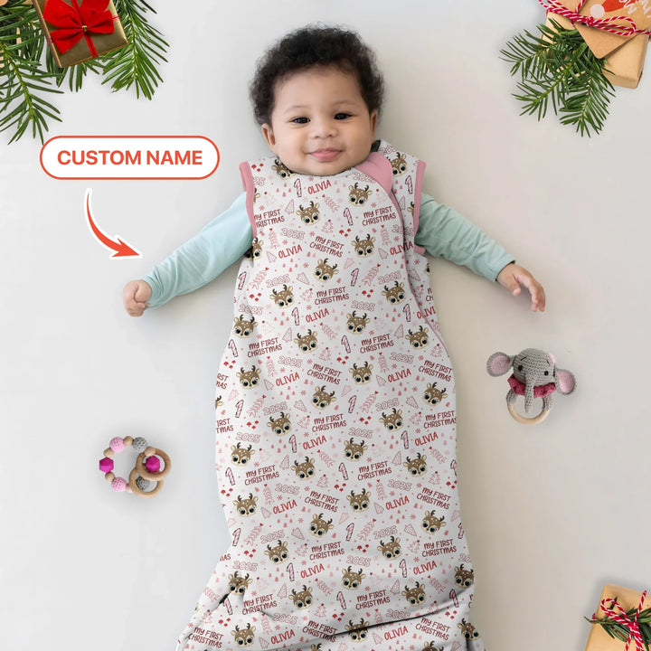 Custom Name Cute Reindeer My First Christmas Sleep Bag