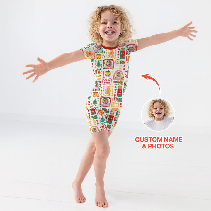 Custom Photo Christmas Frame Custom Name Short Sleeve Pajama Set