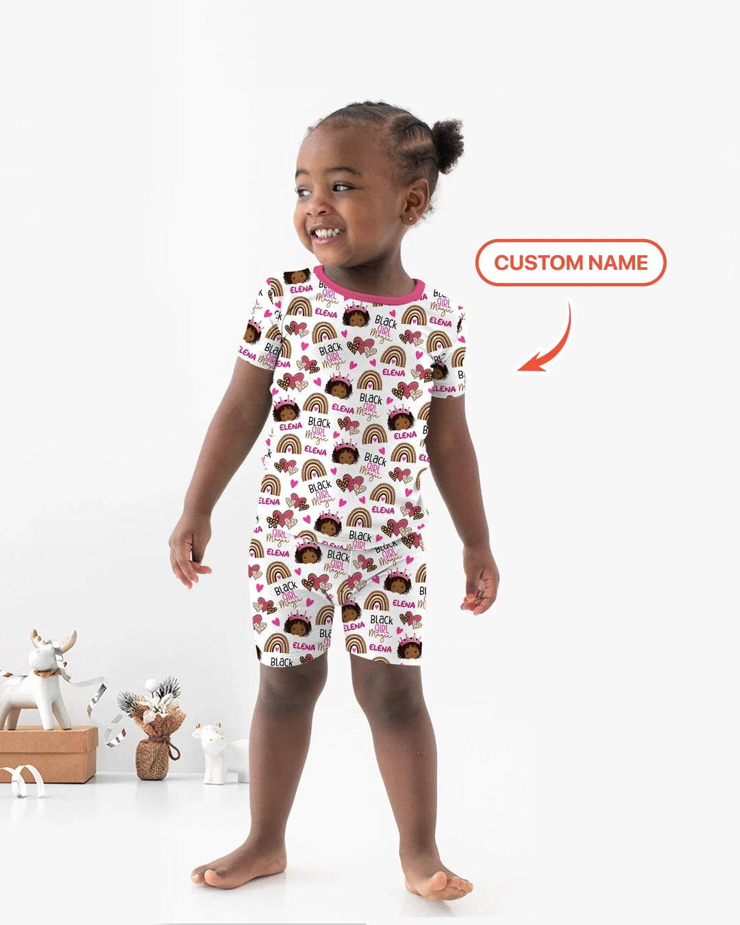 Conjunto de pijama de dos piezas de bambú con shorts y manga corta "Black Girl Magic" con nombre personalizado