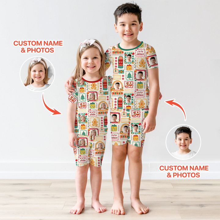 Custom Photo Christmas Frame Custom Name Short Sleeve Pajama Set
