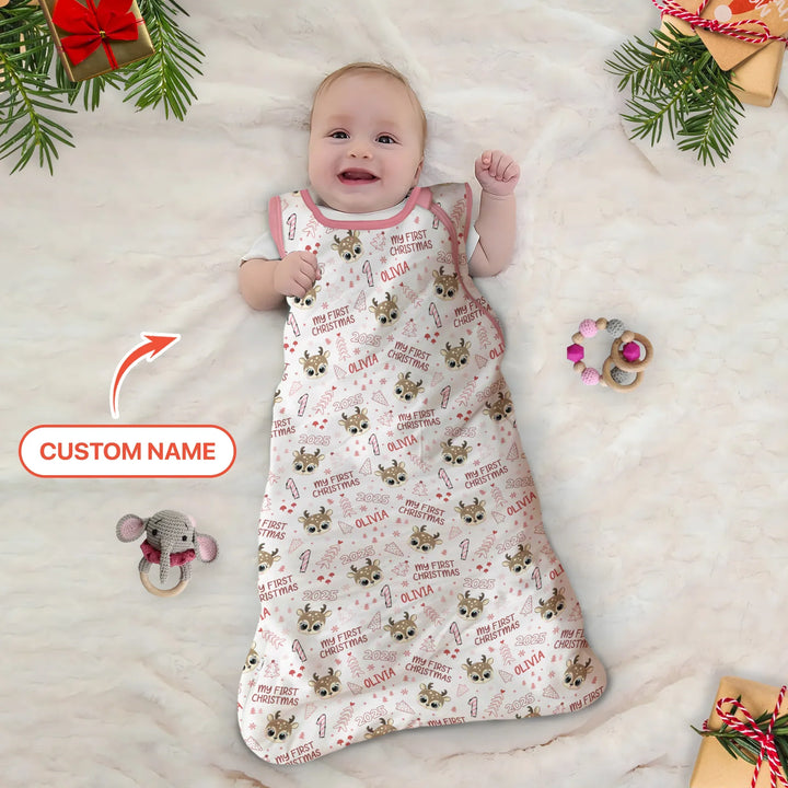 Custom Name Cute Reindeer My First Christmas Sleep Bag