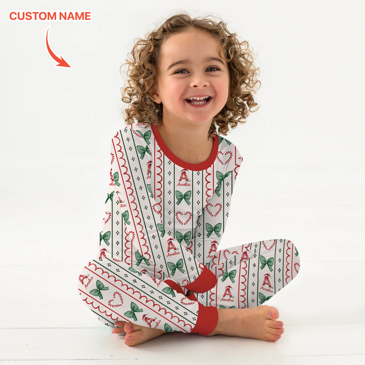 Custom Name Christmas Stripes Two Piece Long Sleeve Pajama Set