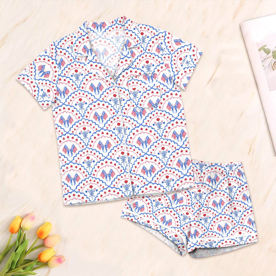 Red White and Blue Scalloped Button Down Two Piece Short Sleeve Shorts Pajama Set