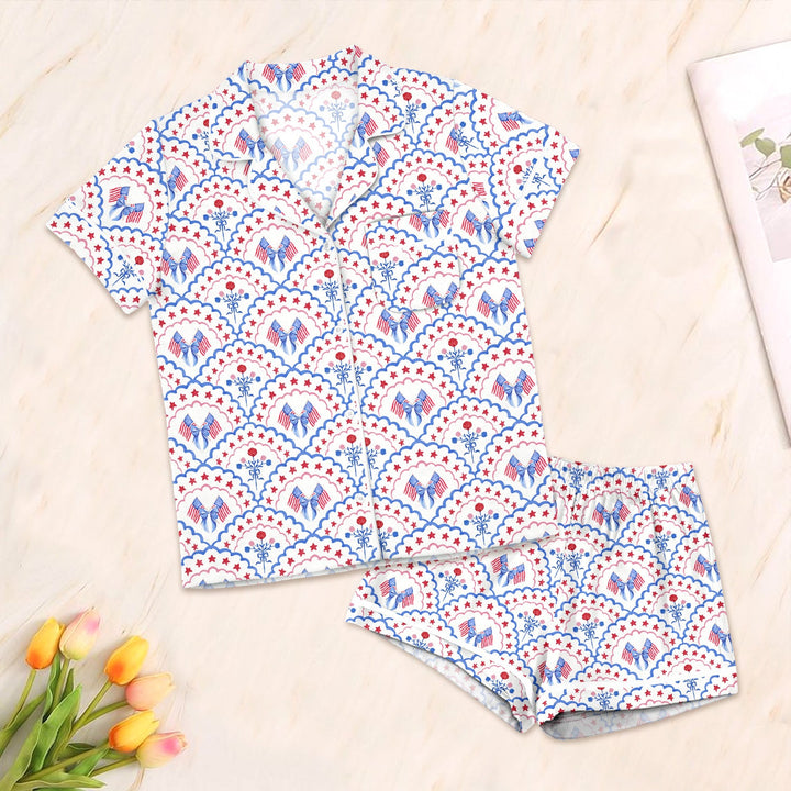 Red White and Blue Scalloped Button Down Two Piece Short Sleeve Shorts Pajama Set