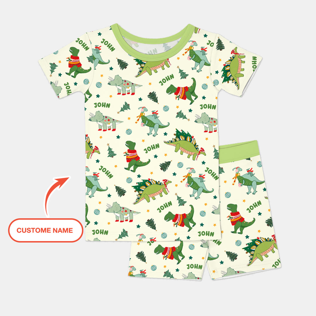 Custom Name Dinosaurs Christmas Tree Two Piece Short Sleeve Shorts Pajama Set