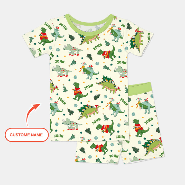 Custom Name Dinosaurs Christmas Tree Two Piece Short Sleeve Shorts Pajama Set