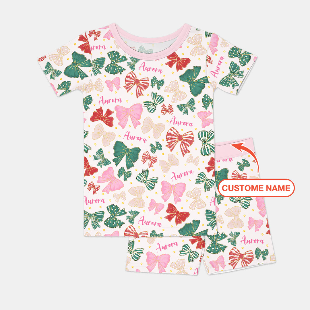 Custom Name Preppy Coquette Bows Two Piece Short Sleeve Shorts Pajama Set