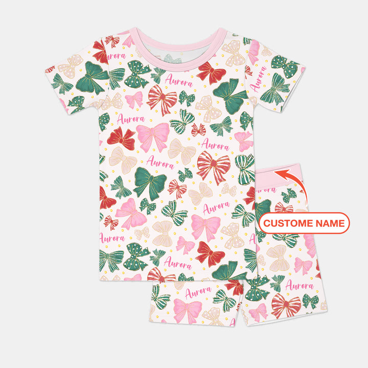 Custom Name Preppy Coquette Bows Two Piece Short Sleeve Shorts Pajama Set