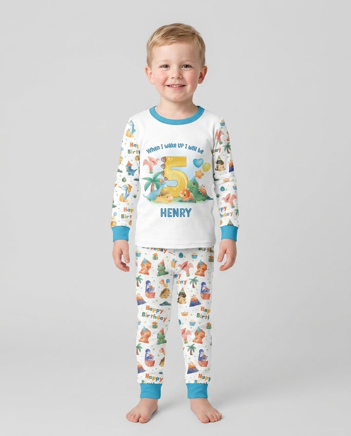 Custom Name When I Wake Up Birthday Dino Bamboo Two Piece Long Sleeve Pajama Set