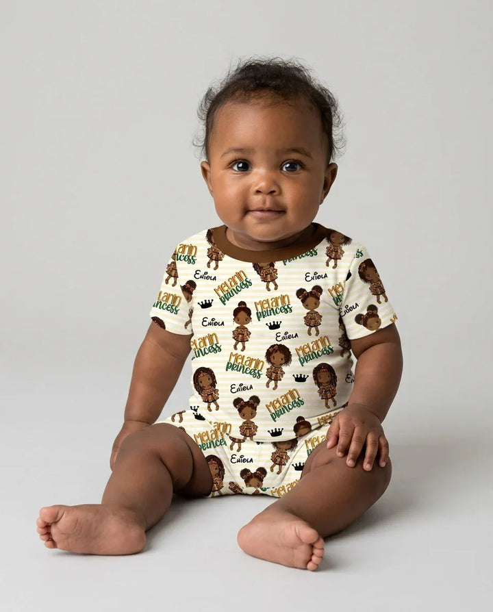 Pijama de dos piezas de bambú con nombre personalizado, "Princesa Melanin", manga corta y pantalón corto