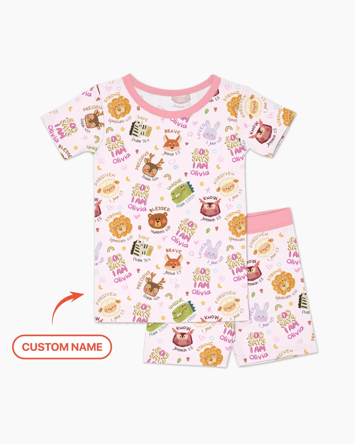 God Says I Am — Little Flock Custom Name Two Piece Short Sleeve Shorts Pajama Set