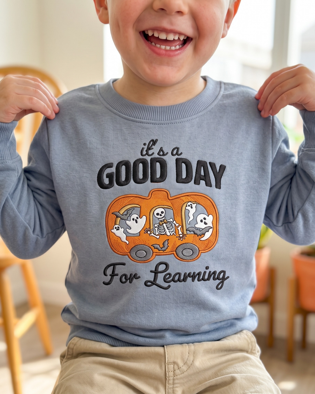 Pumpkin School Bus Embroidered Bamboo Crewneck Sweatshirt