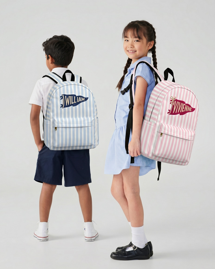 Custom Name Embroidered Pennant Pink Striped Backpack