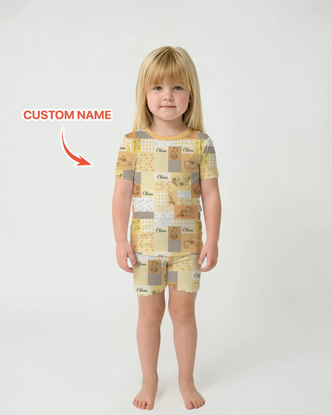 Personalized Classic Bear Patchwork  Bamboo Two Piece Short Sleeve Shorts Pajama Set