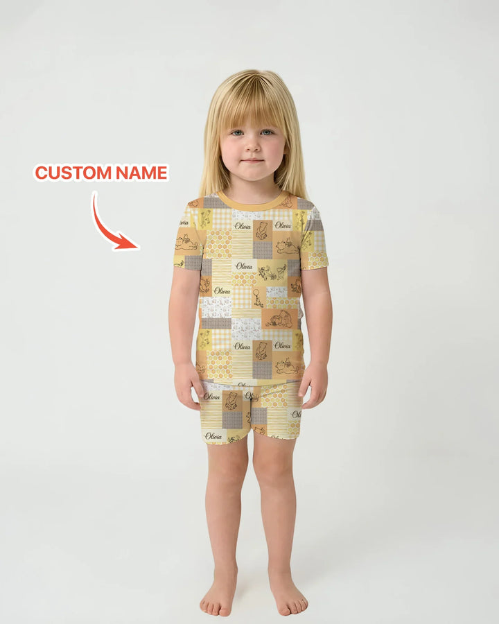 Personalized Classic Bear Patchwork  Bamboo Two Piece Short Sleeve Shorts Pajama Set