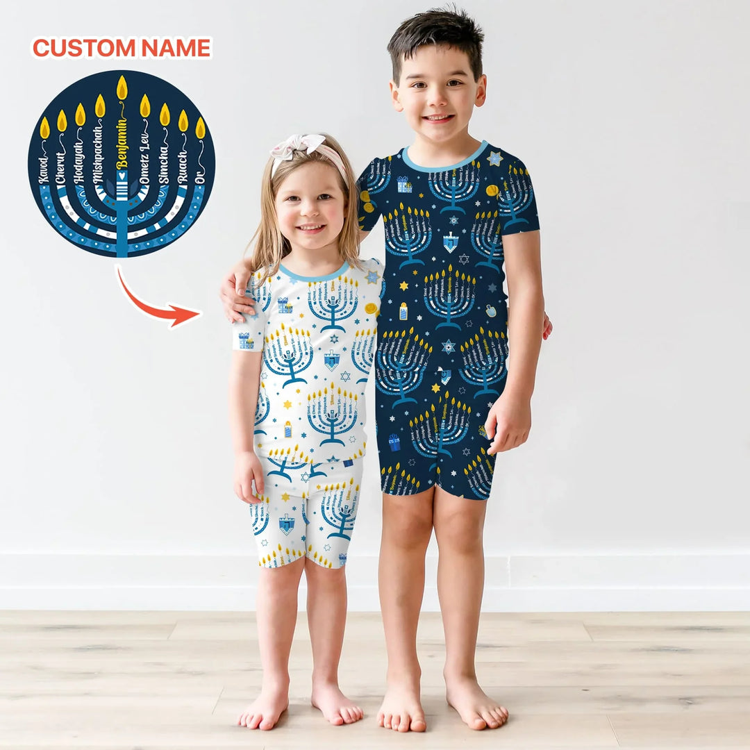Hanukkah Custom Name Two Piece Short Sleeve Shorts Pajama Set