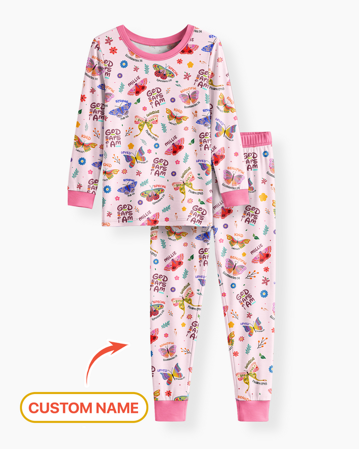 Custom Name God says I am Butterfly Bamboo Two Piece Long Sleeve Pajama Set