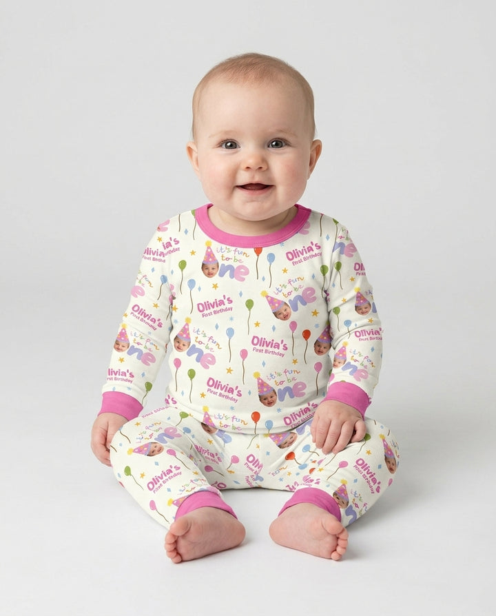Custom Photo First Birthday Fun Bamboo Two Piece Long Sleeve Pajama Set