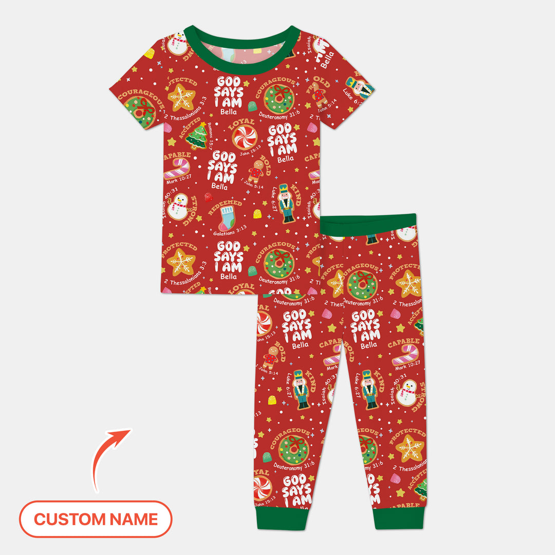 Merry Christmas God Says I Am Custom Name Two Piece Short Sleeve Pajama Set