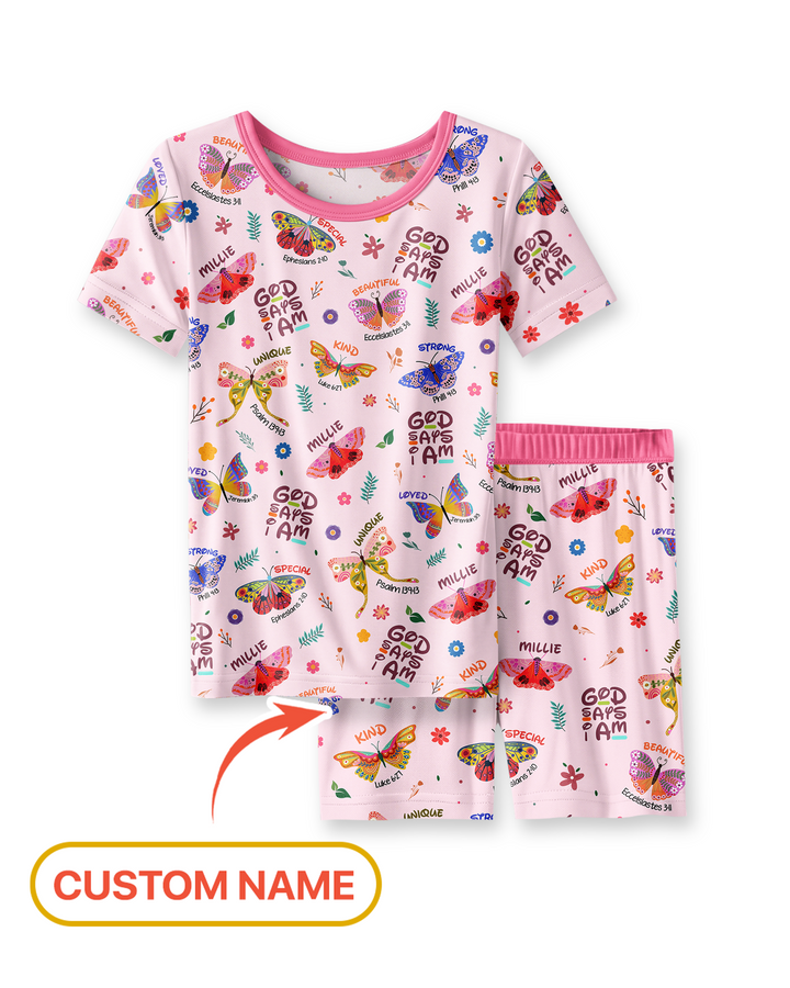Custom Name God says I am Butterfly Bamboo Two Piece Short Sleeve Shorts Pajama Set