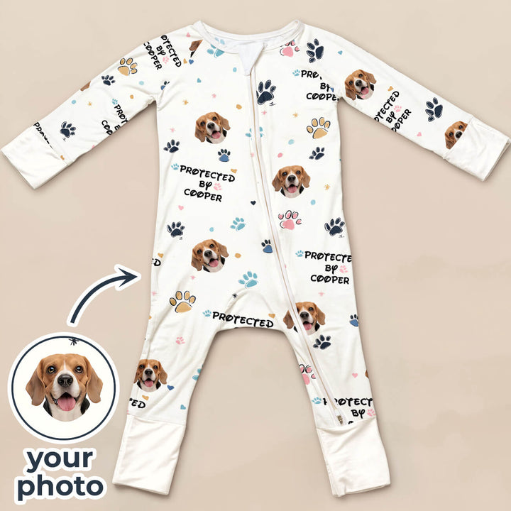 Custom Dogs Photo "Protected By" Convertible Zippered Romper